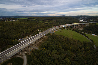 Das Bild zeigt eine Talbrücke durch ein Waldgebiet