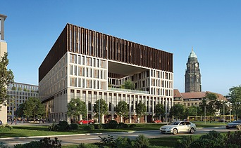Visualisierung eines neuen Bürogebäudes bei blauem Himmel