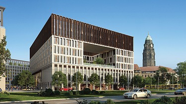 Visualization of a new office building under a blue sky