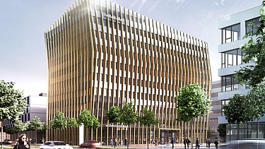 Visualisierung eines neues Bürogebäudes auf der Businessmile in Freiburg. 