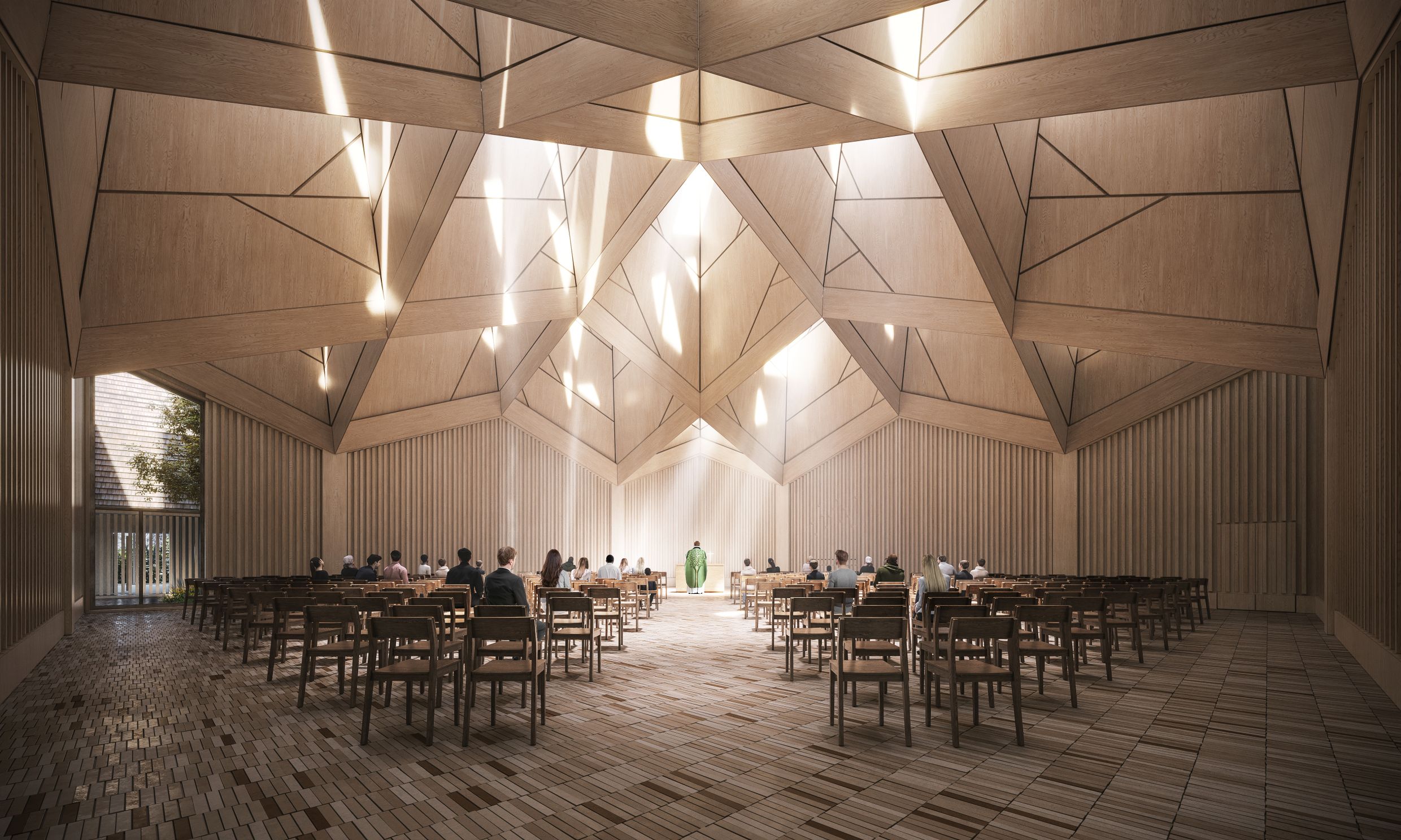 The picture shows a brightly lit interior with wooden walls