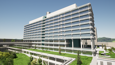 Visualisierung vom Ersatzneubau NA an der Ruhr-Universität in Bochum aus der Totalen. 