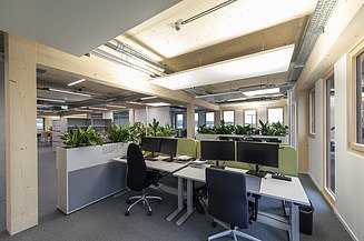 Büroräume mit Blick auf die Schreibtische in der ZÜBLIN Timber Zentrale in Aichach.