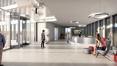 Illustration vom BRAIN BOX BERLIN Foyer. Verschiedenen Personen sind im Raum zusehen. 