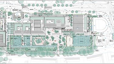 Zeichnung vom neuen großen Schulcampus Struenseestraße in Hamburg. 