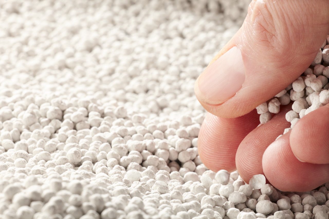 Photo of Polyhalite fertilizer and a hand