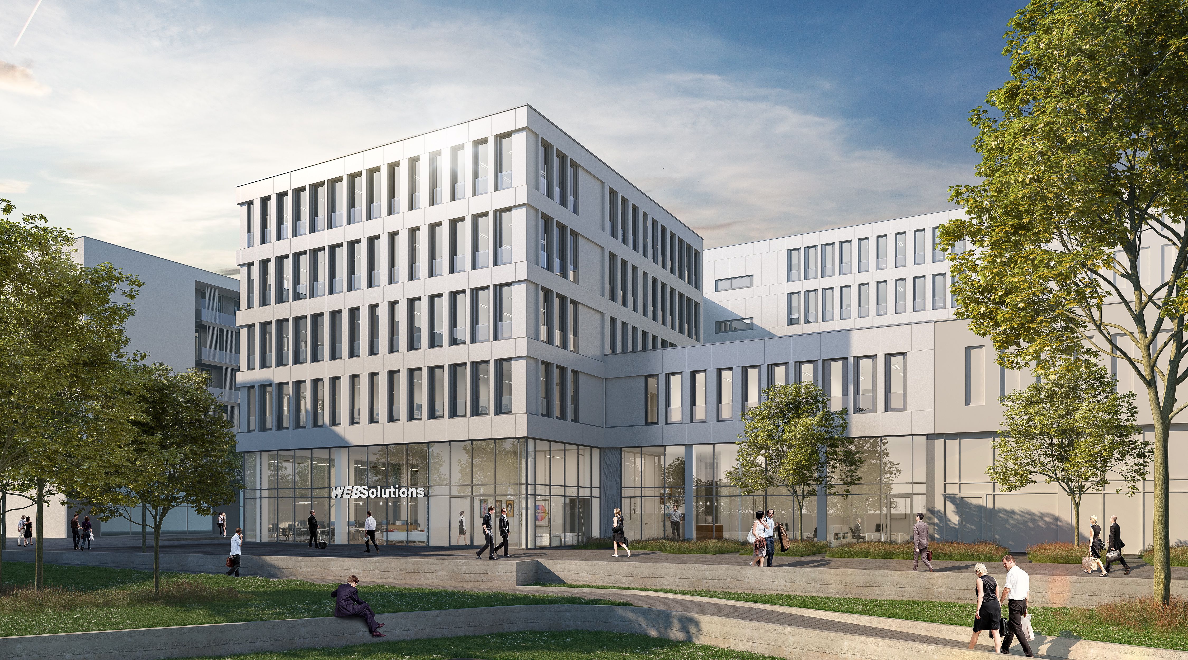 Visualisierung eines Bürogebäudes mit Blick vom Innenhof.    