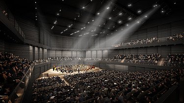 Visualisierung von einem Opernhaus von innen mit einem Publikum. 