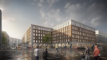 Visualisierung eines Bürogebäudes mit Blick von der Straße bei regen. 