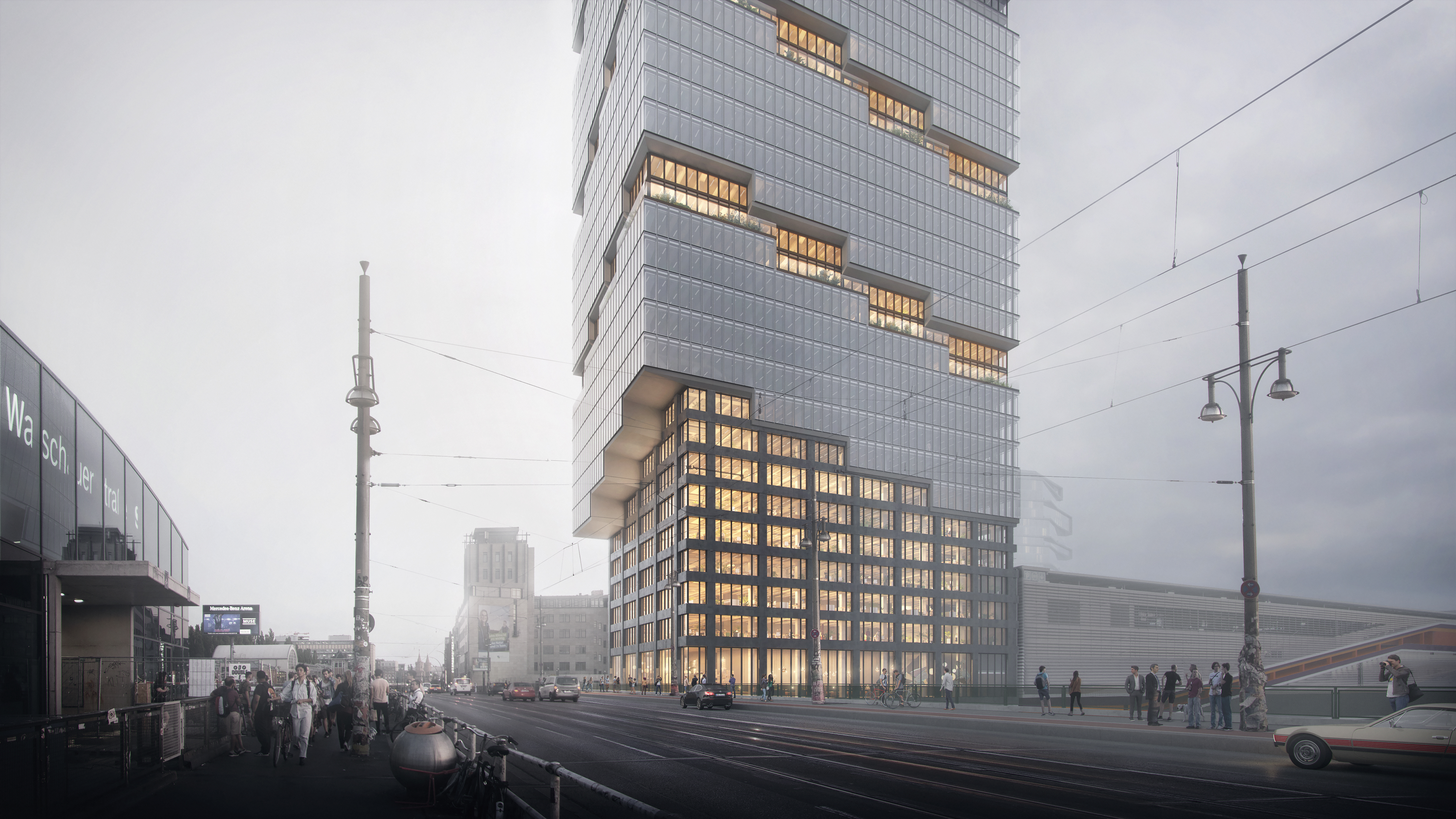 Visualisierung vom East Side in Berlin mit Blick von der Straße. 