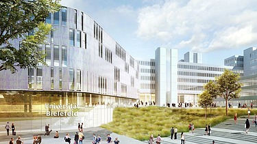 Visualisierung des zukünftigen Haupteingangsbereich der Uni-Modernisierung