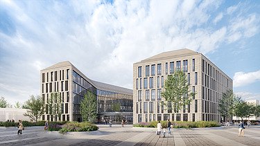Totalvisualisierung vom Medizin Campus der Universität zu Kiel, mit Blick von der Straße. 