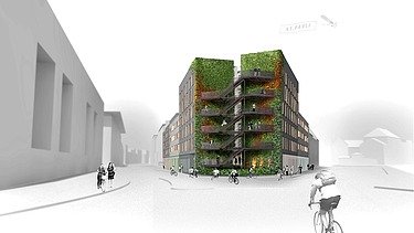 Schwarz-weiß Illustration vom Hamburger Dom. Das Hotel am Dom in St. Pauli ist in Farbe gehalten. Drumherum glückliche Menschen.