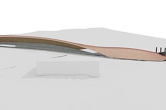 Visualisierung einer Holzüberdachung für eine Rennschlittenbahn.       