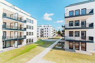 Visualisierung von einem Wohnpark, mit mehreren Gebäuden.  