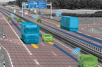 Visualisierung einer vierspurigen Autobahn mit mehreren Fahrzeugen