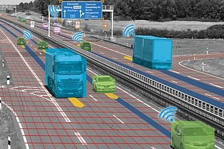 Visualisierung einer vierspurigen Autobahn mit mehreren Fahrzeugen