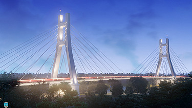 Photo of a cable-stayed bridge under a blue sky