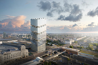 Foto von einem Hochhaus in Berlin aus der Vogelperspektive.       