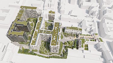Die Visualisierung zeigt sechs Bauteile mit insgesamt 512 Wohnungen 