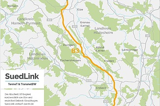 Foto einer Straßenkarte, der Teiabschnitt B3 ist orange gekennzeichnet