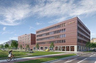 Visualisierung des üeins Büro- und Hotelkomplex mit Blick von der Seite. 