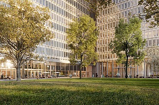 Visualisierung von der Seitenansicht von Neubau eines dreiteiligen Büroensemble. 