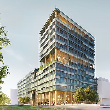 Visualisierung vom UmweltHaus der UmweltBank in Nürnberg.