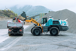 Foto von einem Radbagger, der Erde in einen LKW schüttet