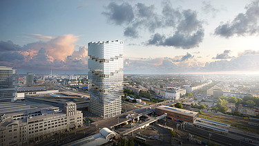 Foto von einem Hochhaus in Berlin aus der Vogelperspektive.       