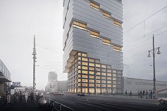 Visualisierung vom East Side in Berlin mit Blick von der Straße. 