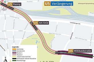 Karte von der U-Bahn-Linie 5-West von Laim nach Pasing.