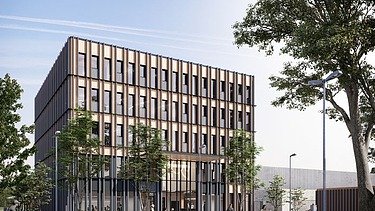 Visualisierung vom neuen ZÜBLIN Timber-Zentrale von außen. 