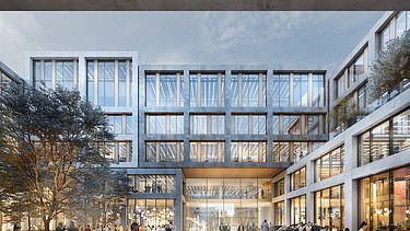Visualisierung des LabCampus mit Blick nach Draußen im Innenhof. 