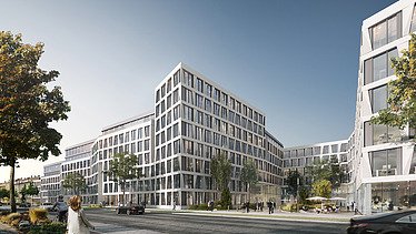 Visualisierung von einem Bürogebäude mit Blick von der Straße.   