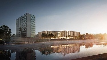 Visualisierung vom Erweiterungsneubau LRA Esslingen, bei Sonnenuntergang. 