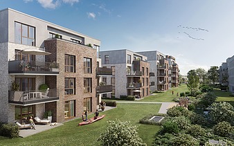 Visualisierung von Wohngebäuden. Glückliche Personen sind vor den Häusern zusehen.   