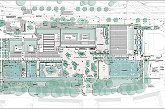 Zeichnung vom neuen großen Schulcampus Struenseestraße in Hamburg. 