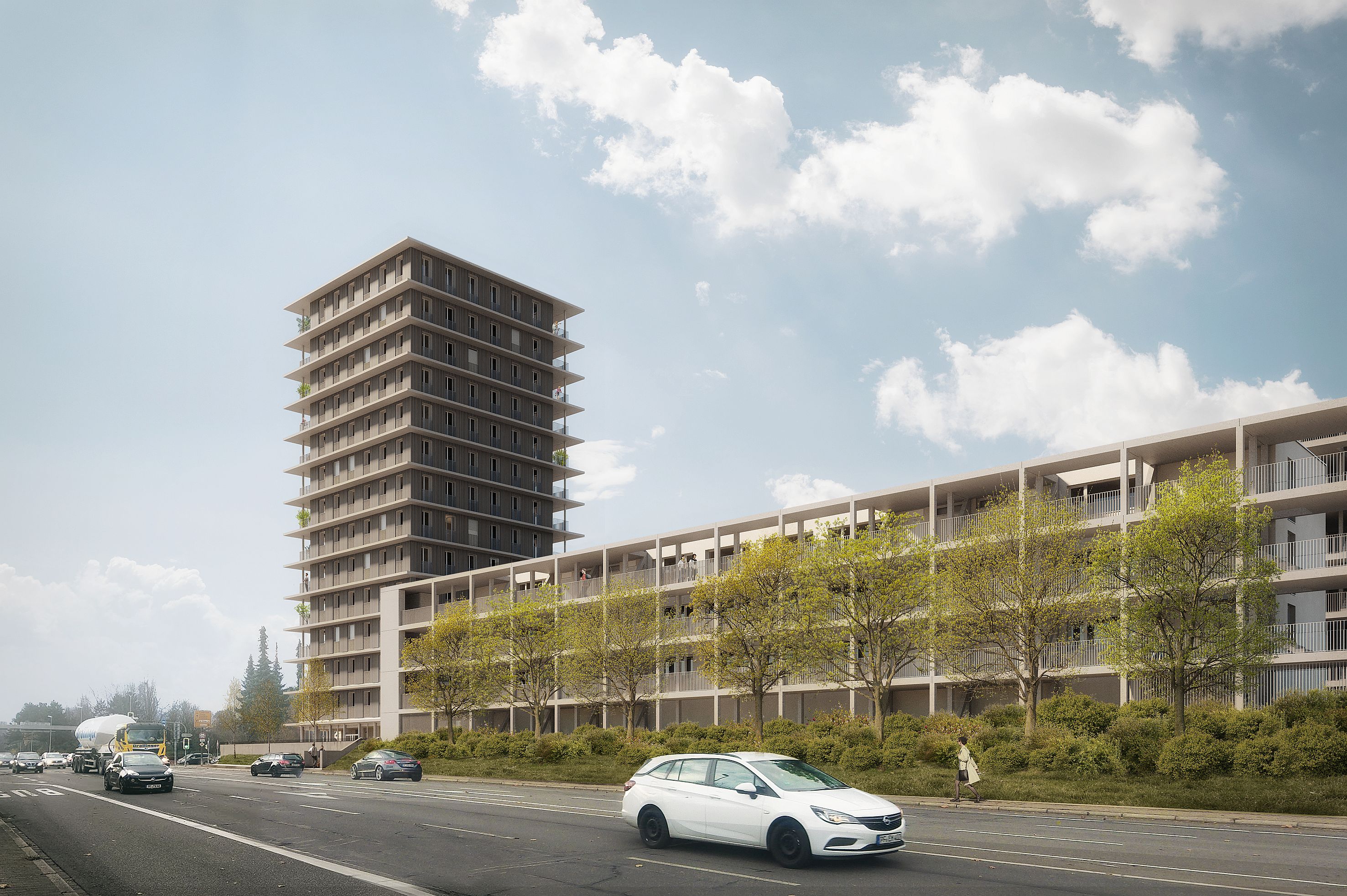 Visualisierung des Holzhybrid-Hochhaus CARL, mit Blick von der Straße. 