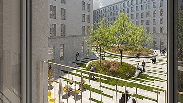 Visualisierung eines Bürogebäudes mit Blick aus dem Fenster auf den Innenhof. 