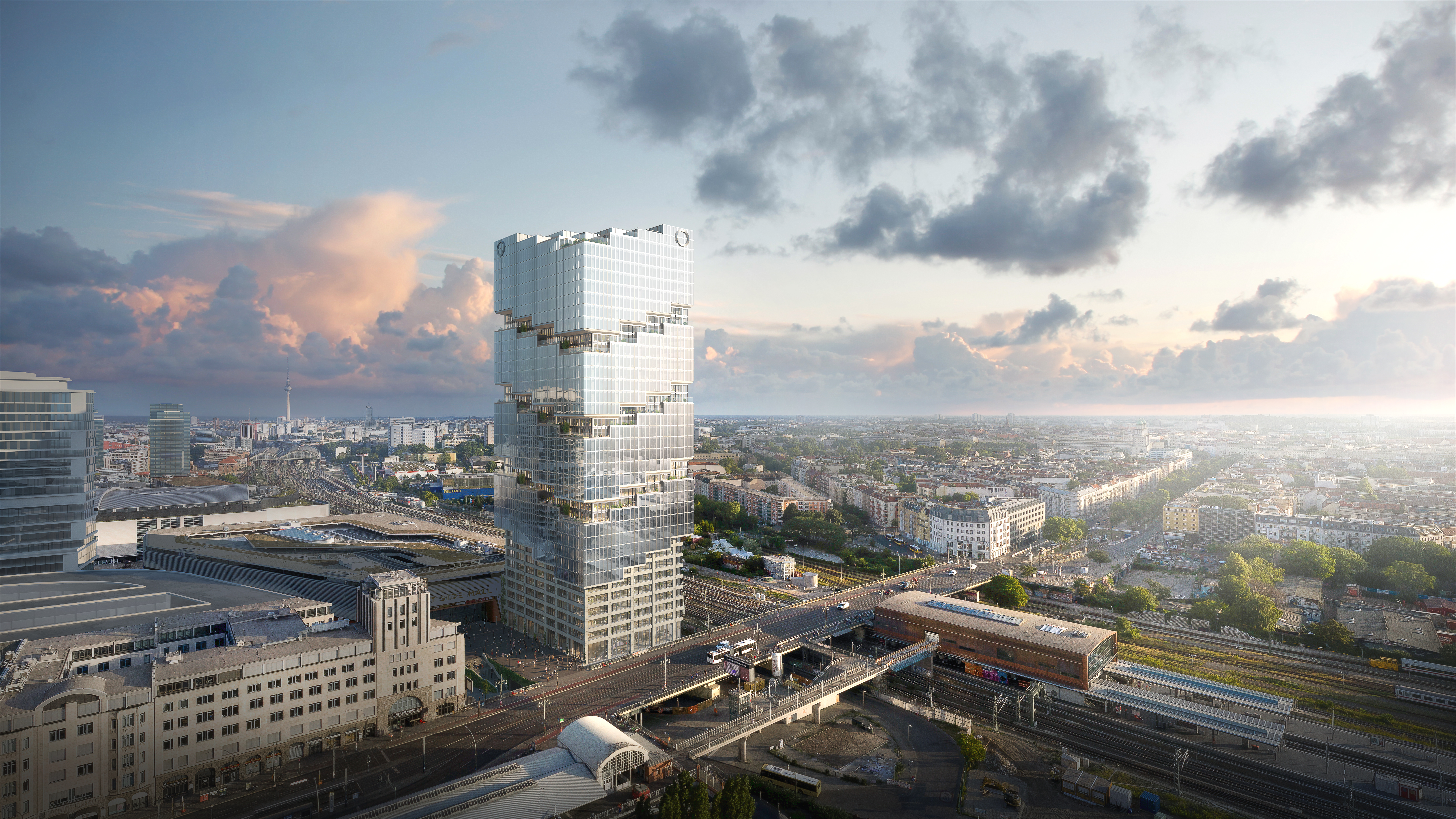 Foto von einem Hochhaus in Berlin aus der Vogelperspektive.       