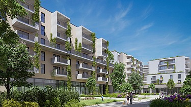 Photo of new buildings with green space and blue sky