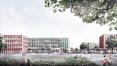 Visualisierung des neuen großen Schulcampus Struenseestraße in Hamburg. 
