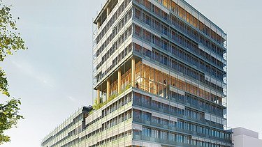 Visualisierung vom UmweltHaus der UmweltBank in Nürnberg.